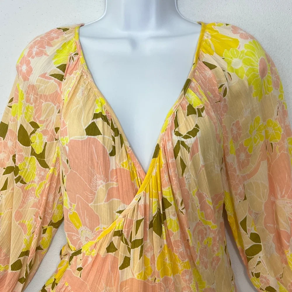 Free‎ People Tunic Top Mini Dress XS Yellow Floral Wrap Tiered Ruffle Boho Gauze